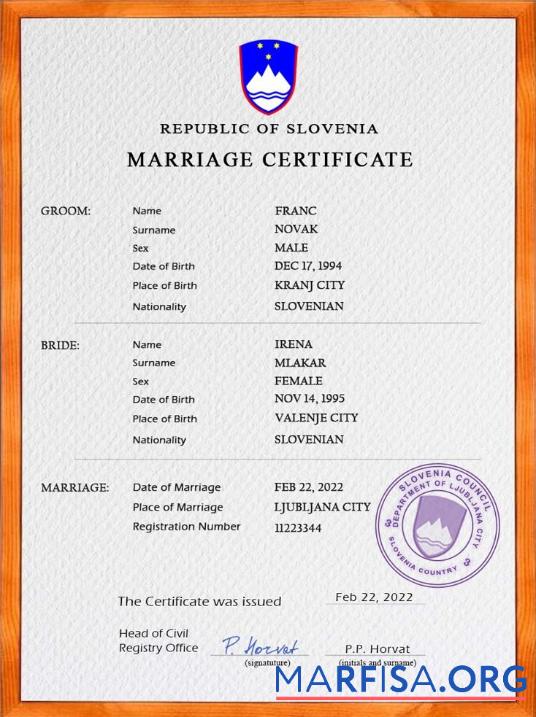 Downloadable Slovenia marriage certificate PSD template